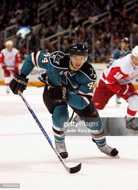 Marc-Edouard Vlasic of the San Jose Sharks in action during their game against the Detroit Red Wings at HP Pavilion on January 9, 2010 in San Jose,...