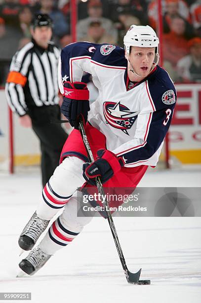 Marc Methot of the Columbus Blue Jackets skates with the puck against the Philadelphia Flyers on January 19, 2010 at the Wachovia Center in...