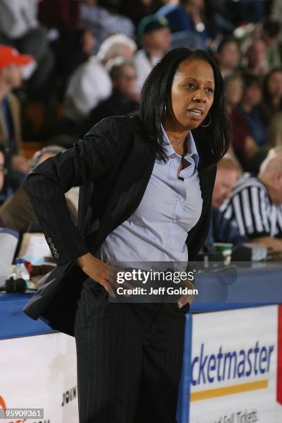 Head coach Julie Rousseau of the Pepperdine Waves looks on during the women's college basketball game against the Loyola Marymount Lions on January...