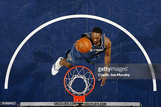 Gilbert Arenas of the Washington Wizards shoots a layup during the game against the Memphis Grizzlies at the FedExForum on December 28, 2009 in...