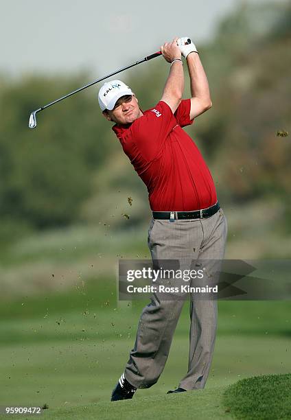 Paul Lawrie of Scotland on the par four 14th hole during the first round of the Abu Dhabi Golf Championship at Abu Dhabi Golf Club on January 21,...