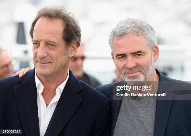 Vincent Lindon and Stephane Brize attend the photocall for the "In War " film during the 71st annual Cannes Film Festival at Palais des Festivals on...