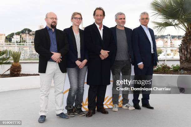 Jean Grosset, director Stephane Brize, actor Vincent Lindon, Melanie Rover, and Olivier Lemaire attend the press conference for "In War " during the...