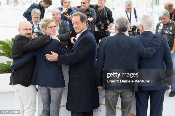 Olivier Lemaire, Melanie Rover, Vincent Lindon, Stephane Brize and Jean Grosset attend the photocall for the "In War " during the 71st annual Cannes...