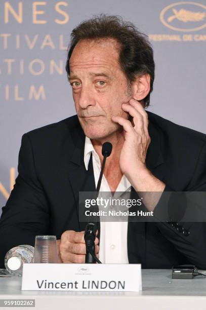 Actor Vincent Lindon attends "In War " Press Conference during the 71st annual Cannes Film Festival at Palais des Festivals on May 16, 2018 in...