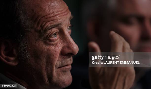 French actor Vincent Lindon speaks during a press conference on May 16, 2018 for the film "At war " at the 71st edition of the Cannes Film Festival...
