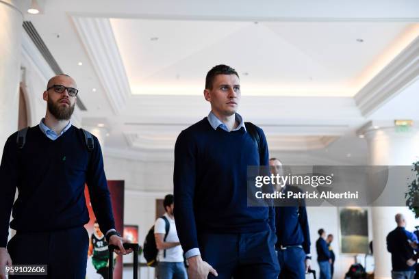 Edgaras Ulanovas, #92 of Zalgiris Kaunas and Antanas Kavaliauskas, #44 of Zalgiris Kaunas during the Zalgiris Kaunas Arrival to participate of 2018...