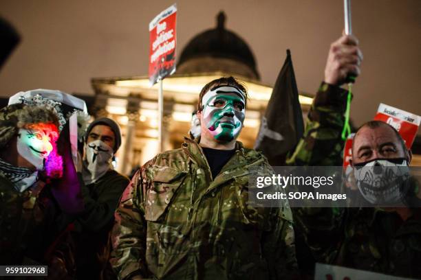 Demonstrators gather in Trafalgar Square ahead of the anti-establishment "Million Mask March", held each November 5th since 2013. Fifty arrests were...