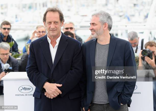 Vincent Lindon and Stephane Brize attend the photocall for the "In War " film during the 71st annual Cannes Film Festival at Palais des Festivals on...