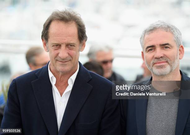 Vincent Lindon and Stephane Brize attend the photocall for the "In War " film during the 71st annual Cannes Film Festival at Palais des Festivals on...