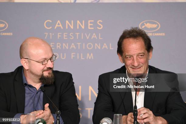 Olivier Lemaire and actor Vincent Lindon attend "In War " Press Conference during the 71st annual Cannes Film Festival at Palais des Festivals on May...
