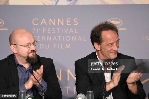 Olivier Lemaire and actor Vincent Lindon attend "In War " Press Conference during the 71st annual Cannes Film Festival at Palais des Festivals on May...