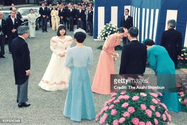 Emperor Akihito, Empress Michiko and Princess Sayako are welcomed by Prince Hitachi, Princess Hanako of Hitachi, Prince Mikasa and Princess Yuriko of...