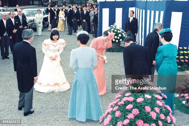 Emperor Akihito, Empress Michiko and Princess Sayako are welcomed by Prince Hitachi, Princess Hanako of Hitachi, Prince Mikasa and Princess Yuriko of...