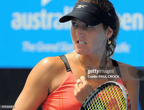 Shahar Peer of Israel celebrates a point while playing against Lucie Hradecka of the Czech Republic in their women's singles first round match on day...