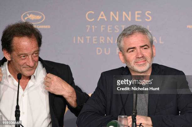 Actor Vincent Lindon Christophe Rossignon attend "In War " Press Conference during the 71st annual Cannes Film Festival at Palais des Festivals on...