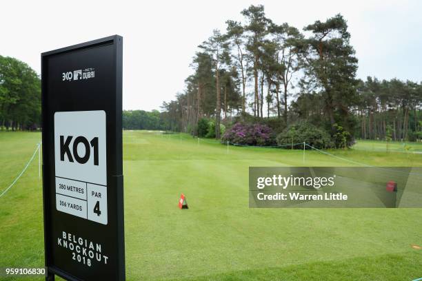 An extra play off hole tee marker is pictured ahead of the Belgian Knockout at the Rinkven International GC on May 16, 2018 in Antwerpen, Belgium.