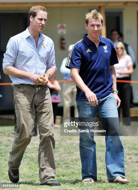 Australian cricketer Brett Lee and HRH Prince William walk out to play cricket at the Flowerdale community event on the third and final day of his...