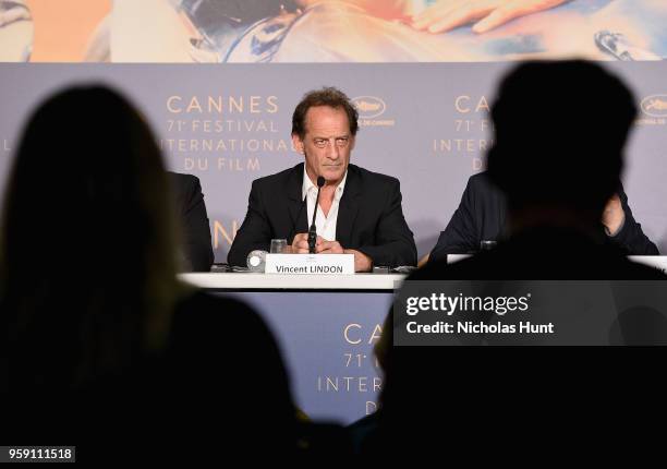 Vincent Lindon speaks at the "In War " Press Conference during the 71st annual Cannes Film Festival at Palais des Festivals on May 16, 2018 in...