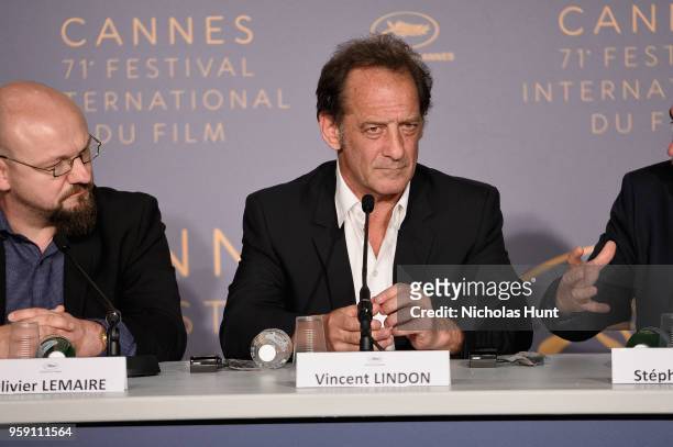 Vincent Lindon speaks at the "In War " Press Conference during the 71st annual Cannes Film Festival at Palais des Festivals on May 16, 2018 in...