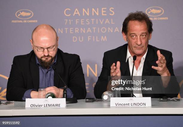 Vincent Lindon speaks at the "In War " Press Conference during the 71st annual Cannes Film Festival at Palais des Festivals on May 16, 2018 in...