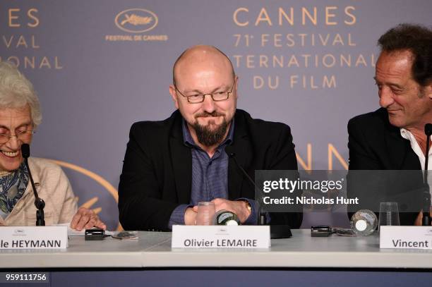 Olivier Lemaire and Vincent Lindon attend the "In War " Press Conference during the 71st annual Cannes Film Festival at Palais des Festivals on May...