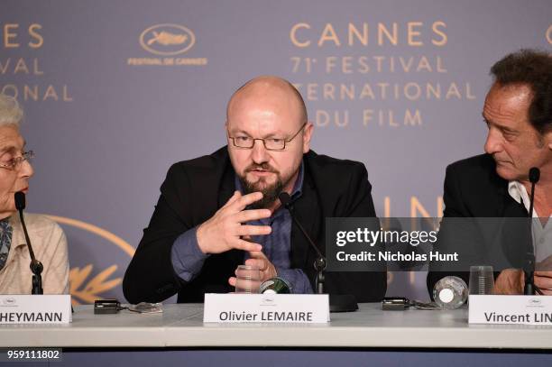 Olivier Lemaire speaks at the "In War " Press Conference during the 71st annual Cannes Film Festival at Palais des Festivals on May 16, 2018 in...