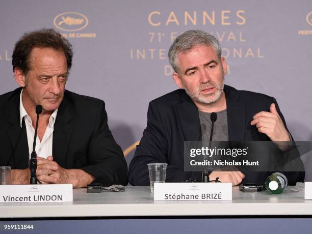 Vincent Lindon and Stephane Brize attend the "In War " Press Conference during the 71st annual Cannes Film Festival at Palais des Festivals on May...