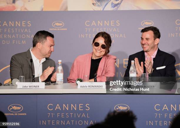 Jake Weiner, Adele Romanski and Chris Bender attend the "Under The Silver Lake" Press Conference during the 71st annual Cannes Film Festival at...