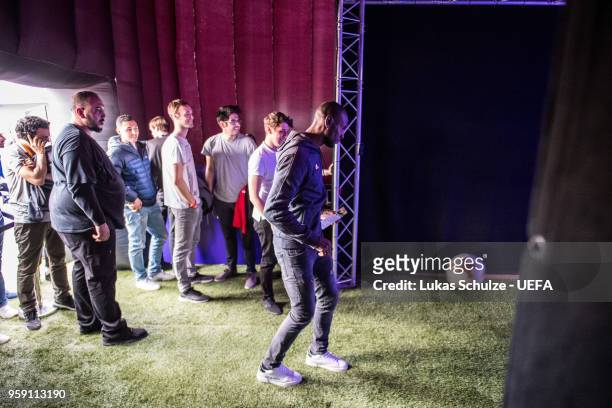 Eric Abidal in the tent of FedEx at the Fan Zone ahead of the UEFA Europa League Final between Olympique de Marseille and Club Atletico de Madrid at...
