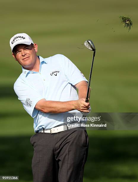 David Drysdale of Scotland on the par four 14th hole during the first round of the Abu Dhabi Golf Championship at Abu Dhabi Golf Club on January 21,...