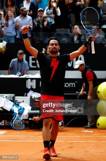 Fabio Fognini of Italy celebrates defeating Dominic Thiem of Austria during day four of the Internazionali BNL d'Italia 2018 tennis at Foro Italico...