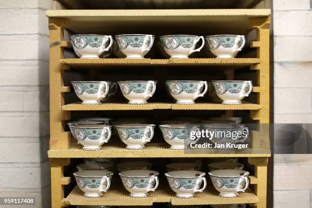 Baked tea cups for the production of special edition crockery ahead of the wedding of Prince Harry and Meghan Markle at William Edwards Home Ltd on...