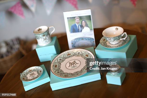 Special edition crockery set is displayed ahead of the wedding of Prince Harry and Meghan Markle at William Edwards Home Ltd on May 16, 2018 in Stoke...