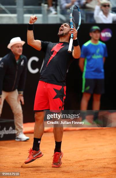 Fabio Fognini of Italy celebrates winning a point in his match against Dominic Thiem of Austria during day four of the Internazionali BNL d'Italia...