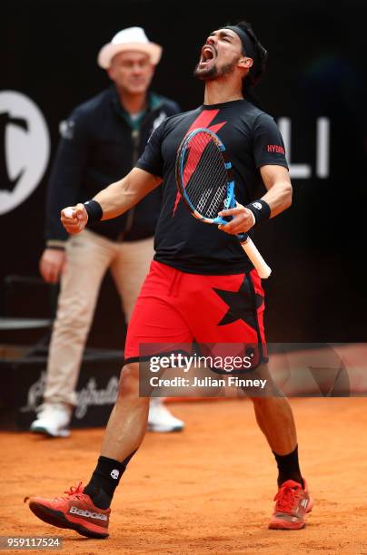 Fabio Fognini of Italy celebrates winning a point in his match against Dominic Thiem of Austria during day four of the Internazionali BNL d'Italia...