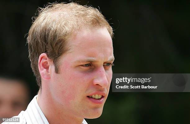 Prince William talks after planting a tree at the Flowerdale temporary village as he visits people affected by the 2009 bushfires on the third and...