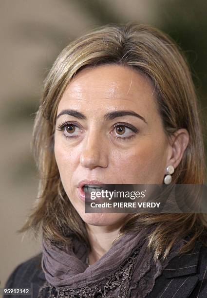 Spanish Defense Minister Carme Chacon Piqueras speaks during a joint press conference with French Defense Minister Herve Morin on January 20, 2010 in...