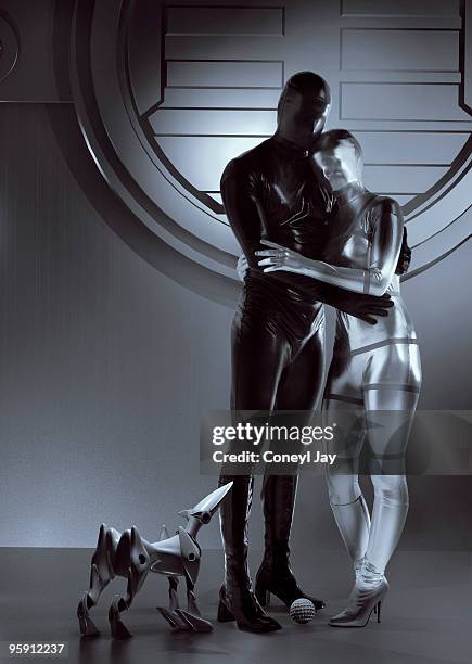 happy futuristic couple and robot dog - robot costume stock-fotos und bilder