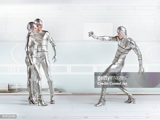 futuristic group of friends taking photos - stage costume stock pictures, royalty-free photos & images