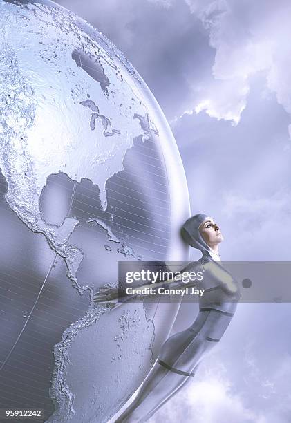 futuristic woman with large silver globe - jay space stock pictures, royalty-free photos & images