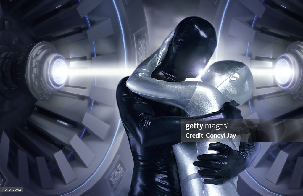 Futuristic couple kissing with energy beam
