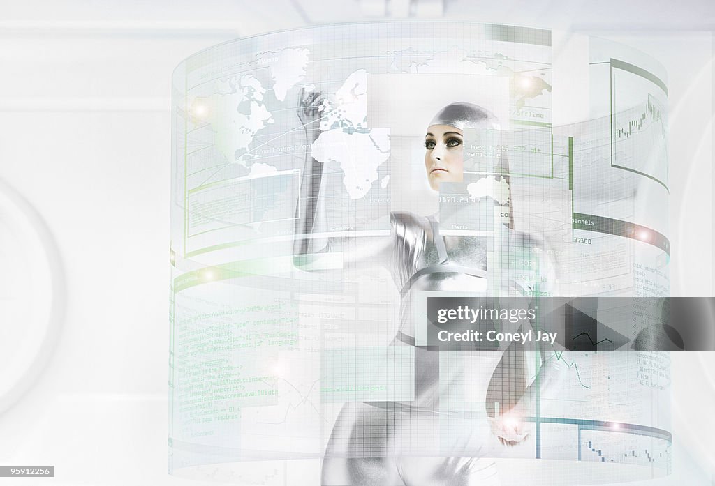 Futuristic woman manipulating holographic data
