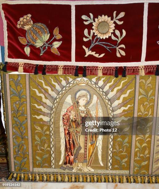 Altar covering at St Michael and All Angels Anglican church, in Hughenden, Buckinghamshire, England. Closely associated with the nearby Hughenden...