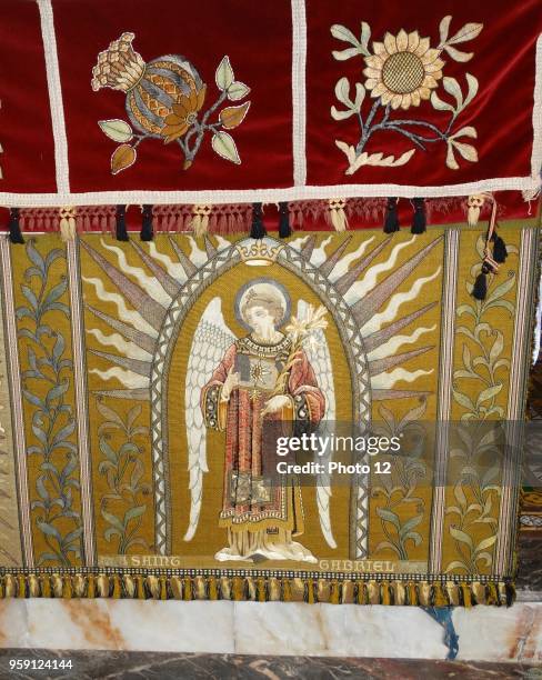 Altar covering at St Michael and All Angels Anglican church, in Hughenden, Buckinghamshire, England. Closely associated with the nearby Hughenden...