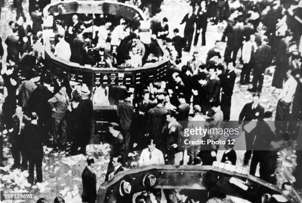 Photographic print of crowds of the floor of the Stock Exchange on Wall Street, New York, at the onset of Wall Street Crash 1929. Dated 20th Century.