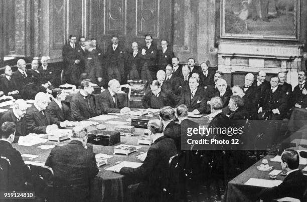 Austen Chamberlain and Stanley Baldwin sign the Locarno Treaty 1925. The Locarno Treaties were seven agreements negotiated at Locarno, Switzerland,...