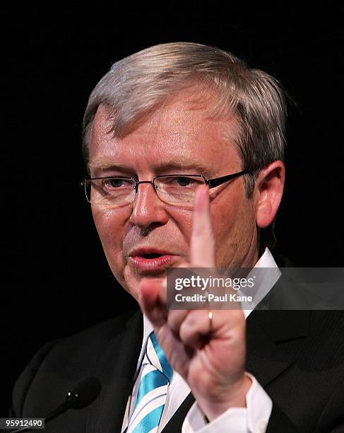 Australian Prime Minister Kevin Rudd addresses attending guests during an Australia Day Reception at the Perth Town Hall on January 21, 2010 in...