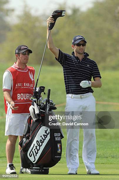 Gregory Bourdy of France on the 18th hole during the first round of The Abu Dhabi Golf Championship at Abu Dhabi Golf Club on January 21, 2010 in Abu...