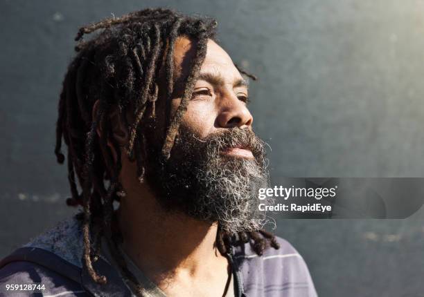 mann mit dreadlocks schaut nachdenklich - man looking up beard chin stock-fotos und bilder